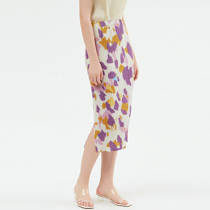 Pleated Skirt Slim Waist Drooping Slimming Printed Women's A- line Midi Skirt Women