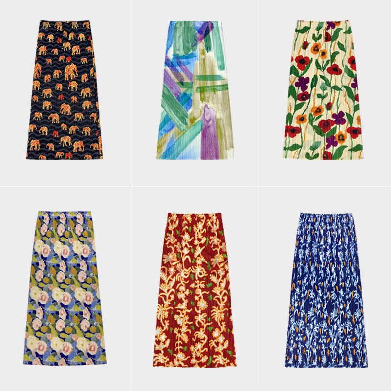 Printed Skirt Women's Summer and Autumn Waist Slit A- line Skirt Slimming Hip Skirt for Women