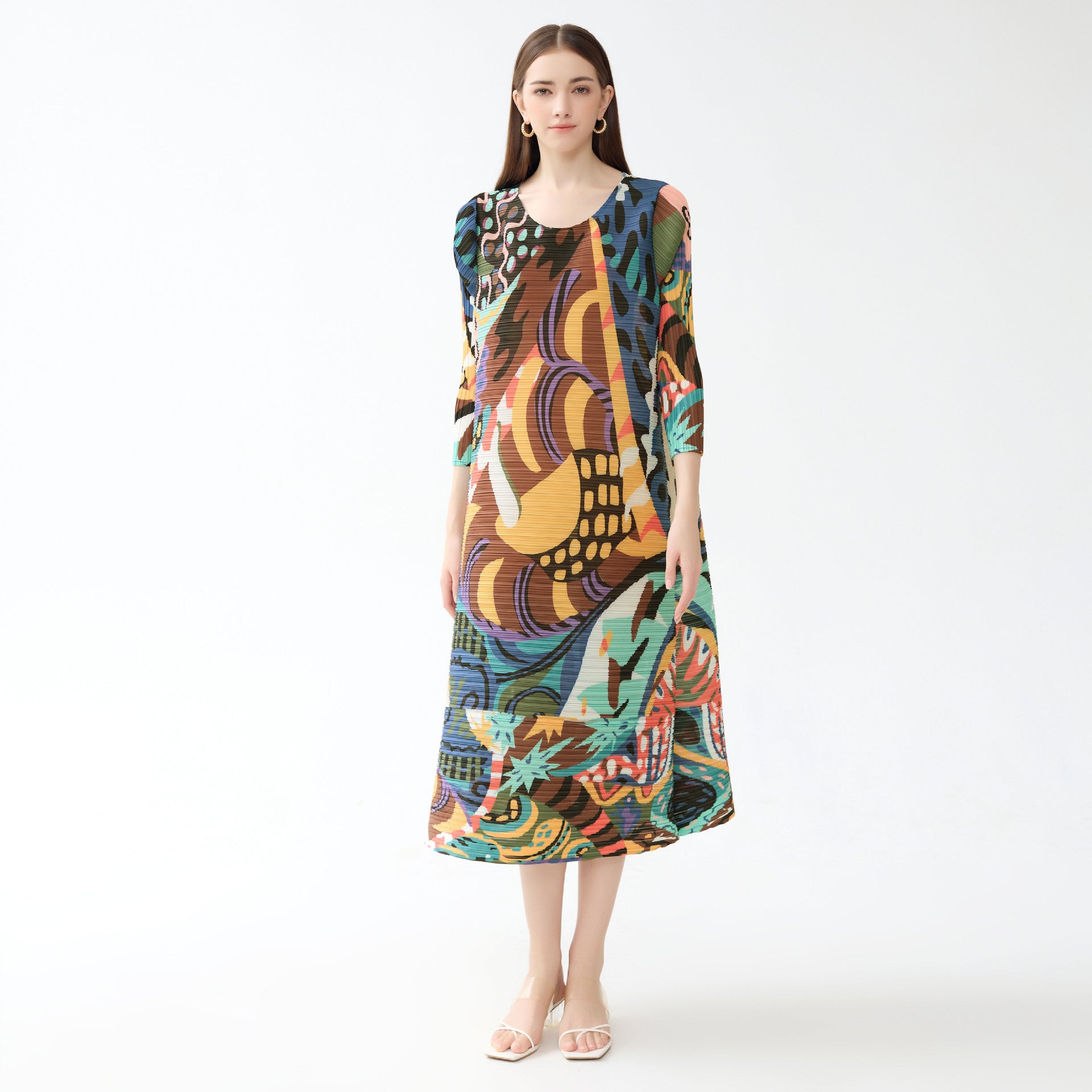 Color Painting plus Size Dress round Neck Long Sleeve A- line Skirt