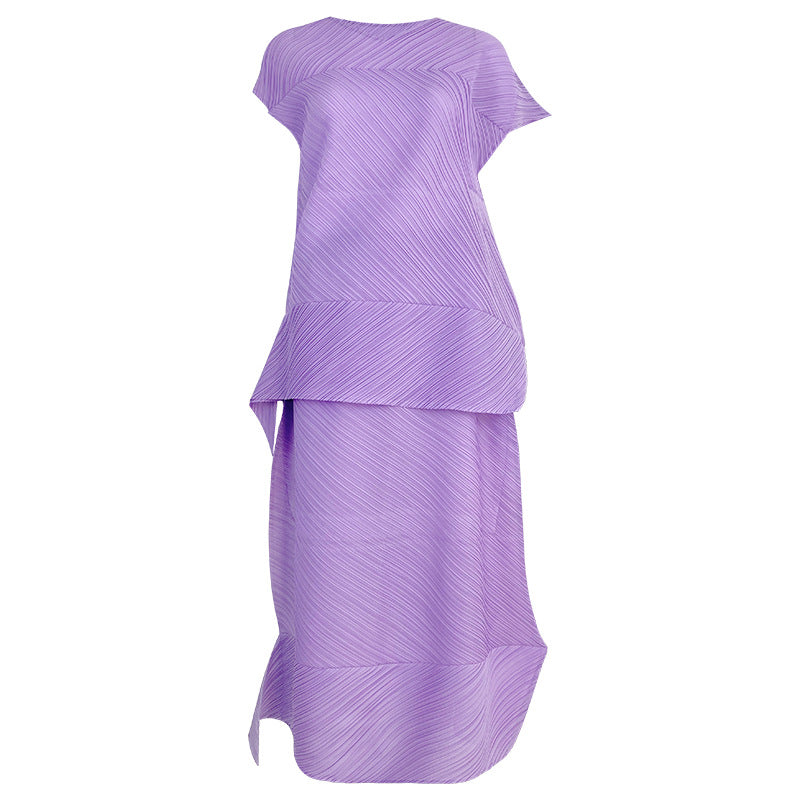 Folding Suit Level Sense Casual Short-Sleeved Top Irregular Skirt Solid Color Two-Piece Set