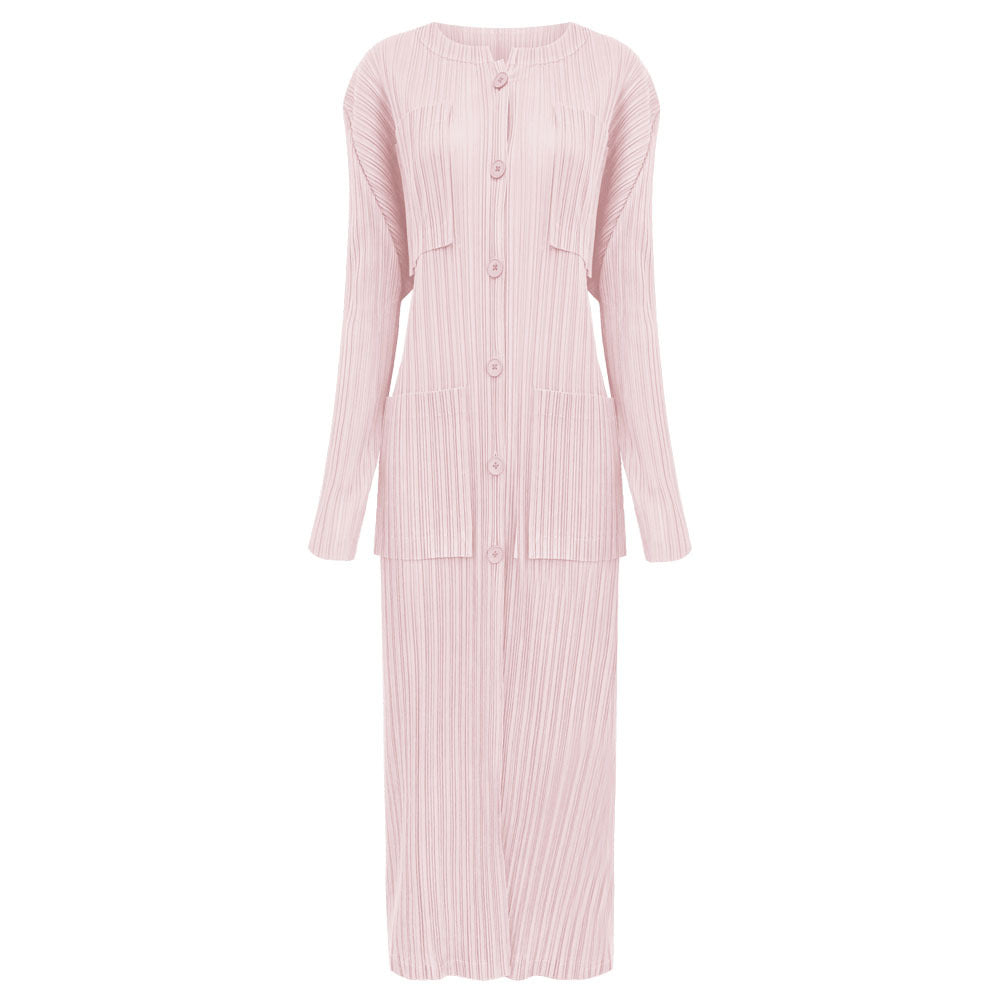 Pleated round Neck Long Sleeve Single-Breasted Slim Pocket Skirt Winter Women's Solid Color Dress