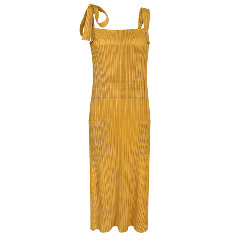 Mid-Length Solid Color Pocket Spaghetti Straps Sleeveless Dress Women's Loose Shoulder Strap A- line Skirt Women