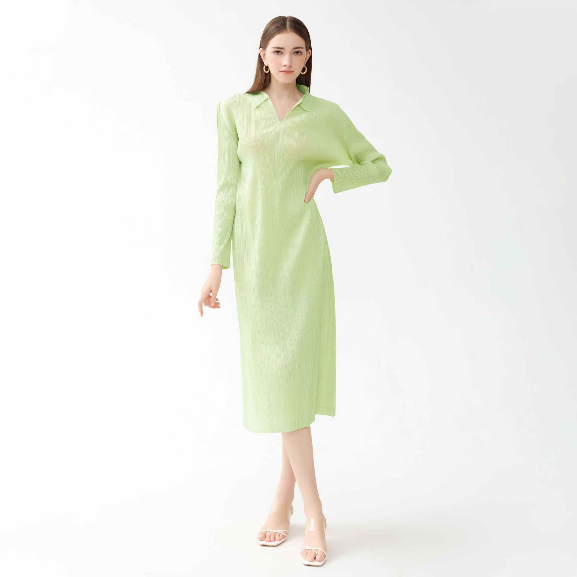 Dress Polo Collar Long Sleeve A- line Skirt for Women
