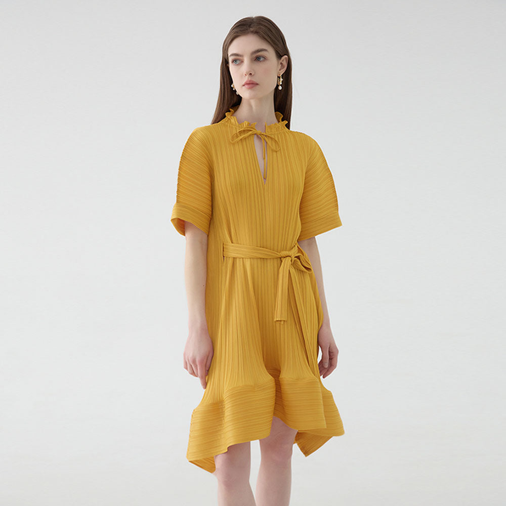 Pettiskirt Short Sleeve Lace-up Dress Women's Mid-Length Simple Loose Solid Color Dress