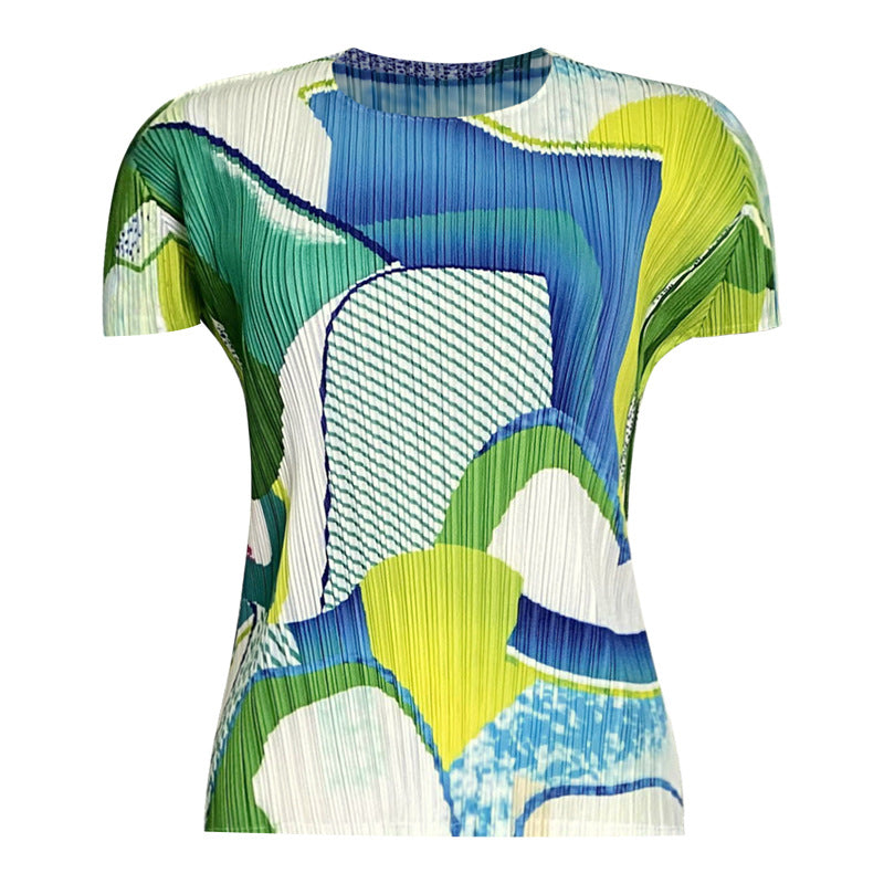 Casual Printing Suit Short-Sleeved Top Draped Pants Two-Piece Set for Women