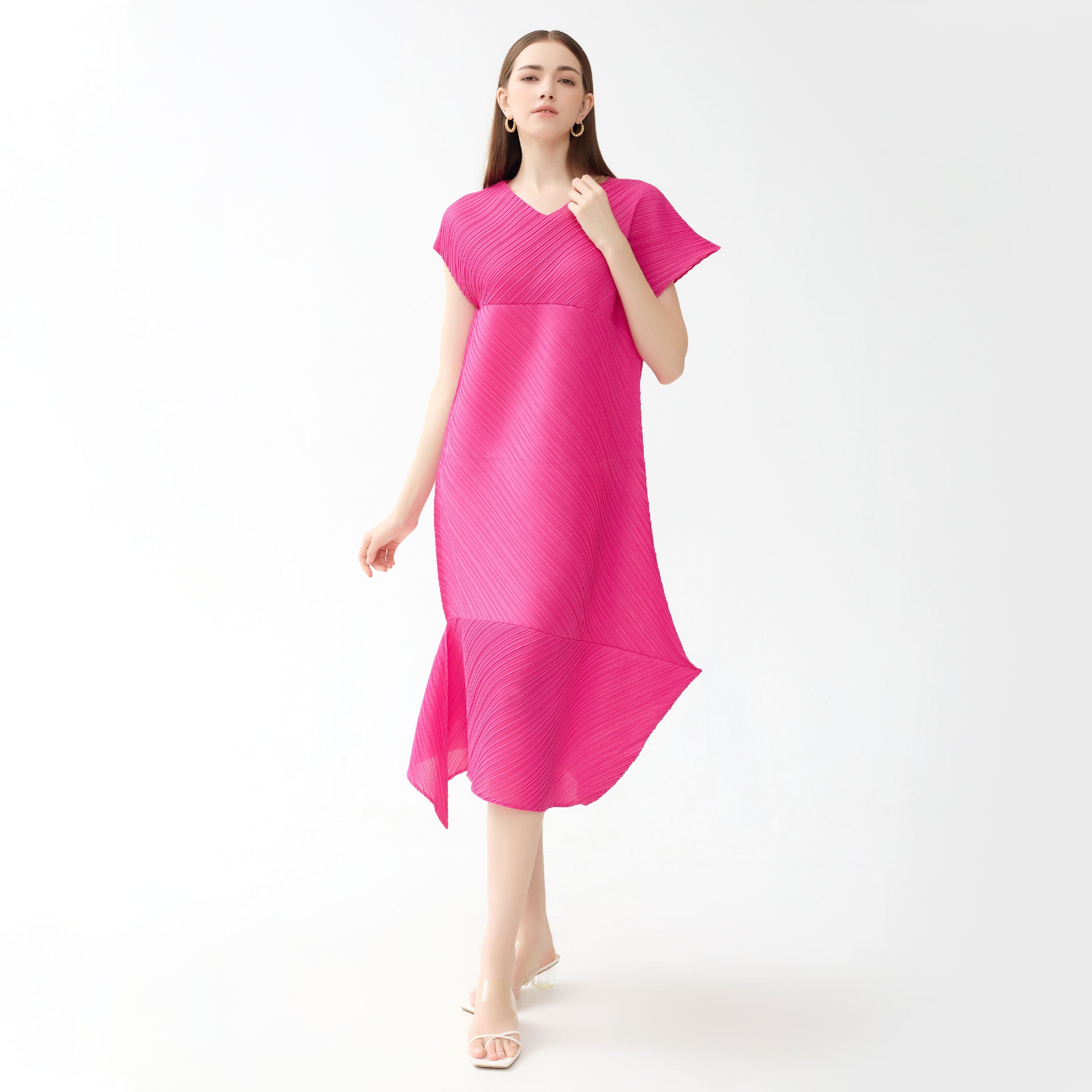 Casual Style Pleated Rhombus Asymmetric Skirt Solid Color Slim V-neck Short Sleeve Folding Dress