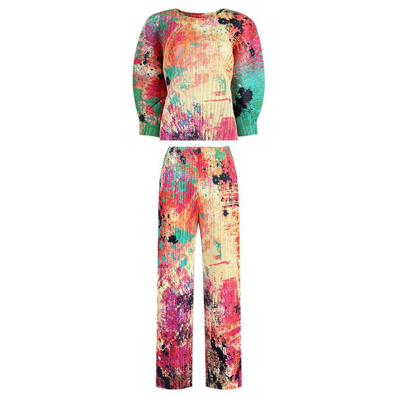 Printing Suit Women's Slim Hand-Painted Long-Sleeved Top Casual Pants Come to Two-Piece Suit Women