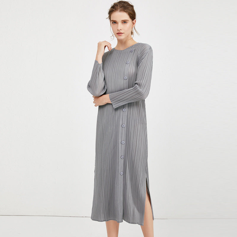 Simple Button Mid-Length Basic Dress Slit Design