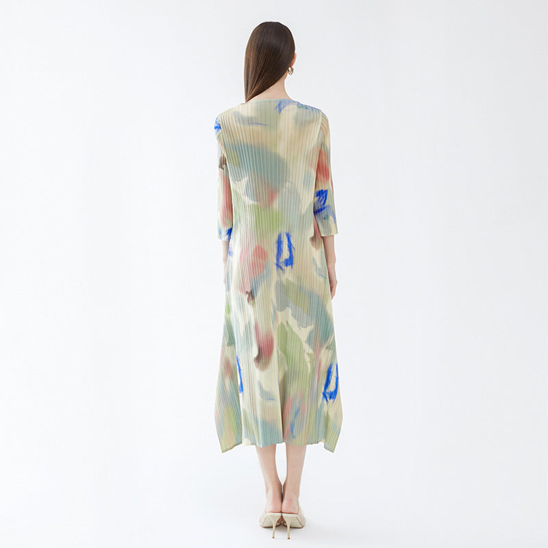 Crew Neck Split Dress Women's Slim Fit Slimming Chinese Ink Style Printed Comfortable Dress for Women