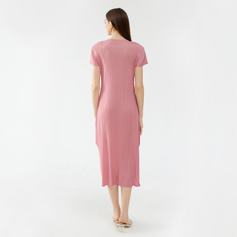 Pure Color Split Dress Pleated Pleated Skirt round Neck Short Sleeve Casual Elegant Basic Skirt