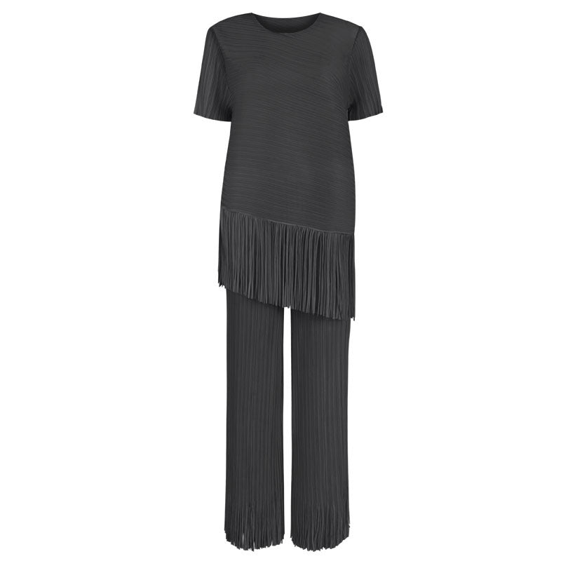 Pleated Design Solid Color Tassel Short-Sleeved Top Waist Trousers Suit Women Two-Piece Suit