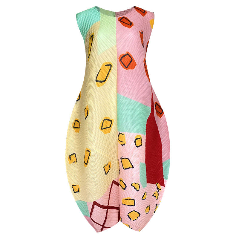 Elegant Style Temperament Pullover Sleeveless round Neck Printing and Dyeing Pleated Umbrella Skirt Dress Women