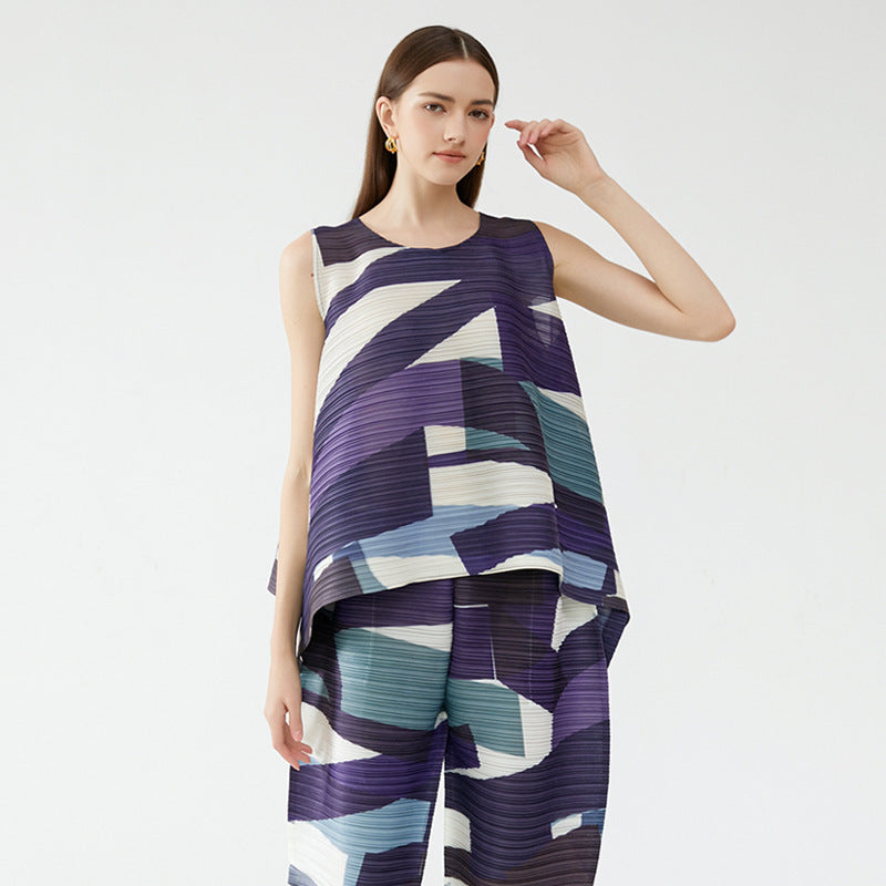 Color Stripes Suit round Neck Sleeveless plus Size Loose Top Ankle-Tied Casual Two-Piece Suit Women