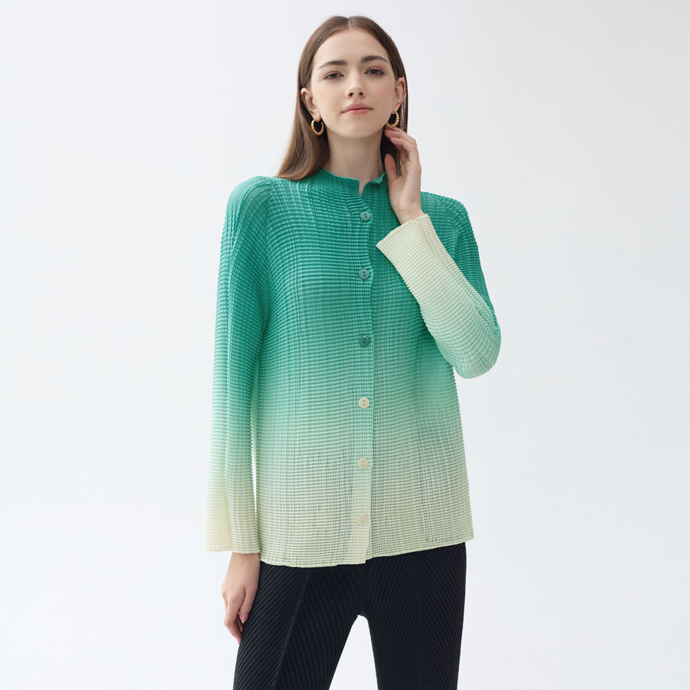 Gradient Pleated Chiffon Shirt Versatile Casual Small Open Collar Sweet Slimming Long Sleeve Printed Top for Women