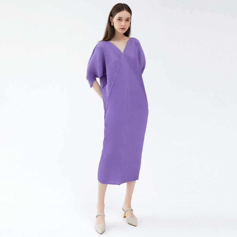 Scale Pleated Dress Mid-Length Five-Quarter Sleeve Elegant Solid Color Dress Women