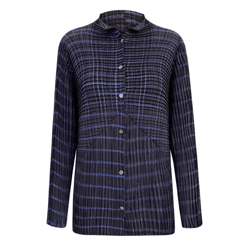 Pleated Gradient Long Sleeve Striped Lapel Cardigan Single-Breasted Casual Women's Shirt