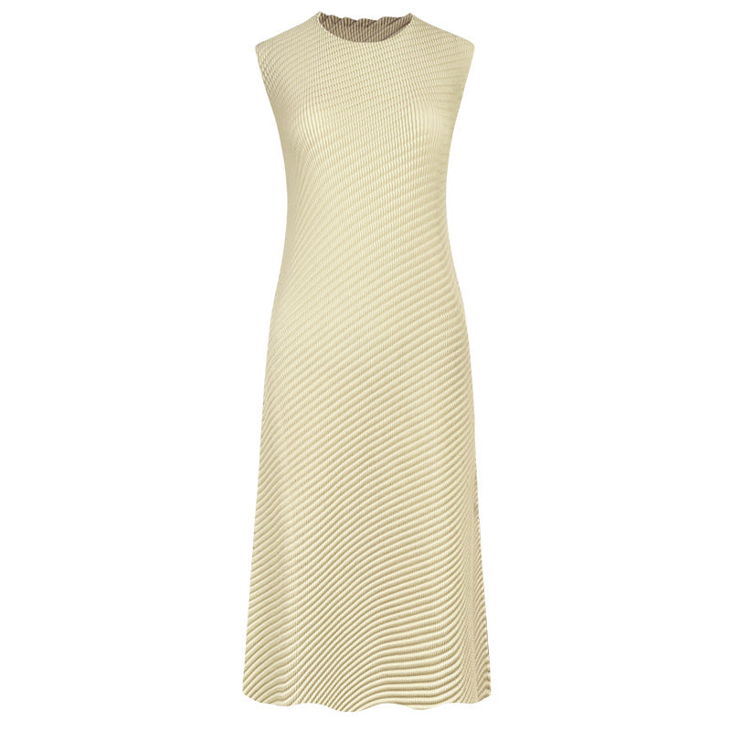 Casual Style Solid Color Asymmetric Skirt round Neck Slim Fit Scale Pleated Dress Women