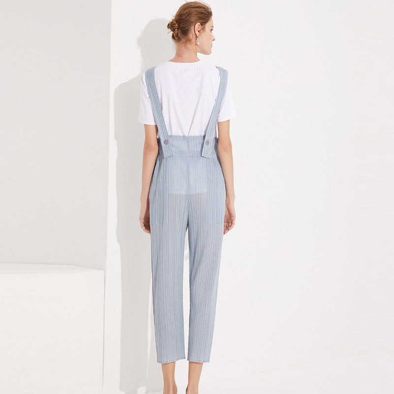 Casual Pants Waist-Tight Slimming and Straight Suspenders Pleated Suspender Pants Trendy Women