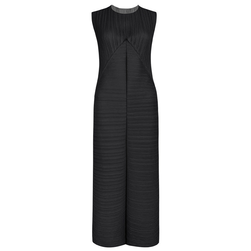 Loose Design Sleeveless Draping Elastic Skirt Folding Long Pleated Casual Dress