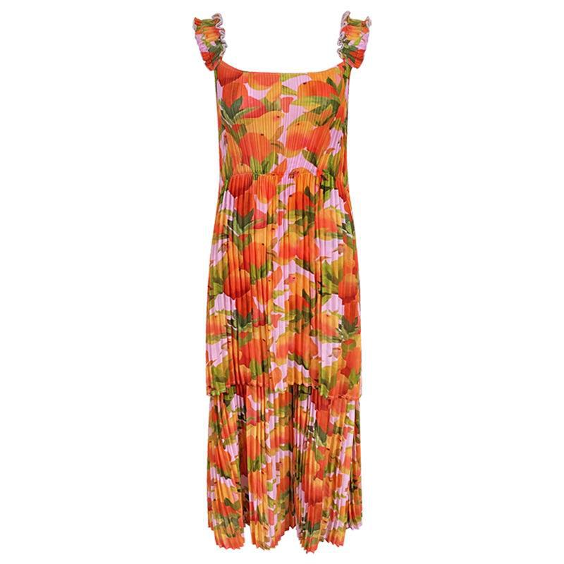 Double-Layer Pleated Sleeveless Anti-Wrinkle Orange Floral Strap Dress Vacation Style Dress