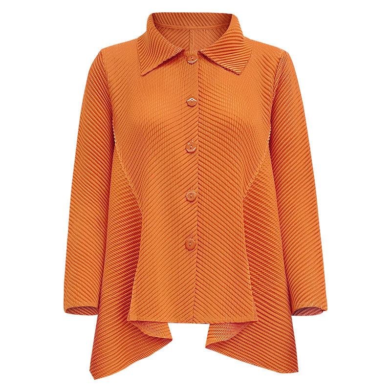 Scale Pleated Autumn Solid Color Loose Long Sleeves Lapel Irregular Top Wide Leg Skirt Two-Piece Set