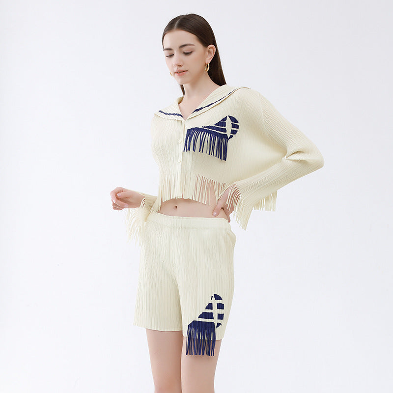 Sense of Design Shirt Shorts Sailor Two-Piece Set Women Tassel Contrast Color Waist Shorts Suit Women