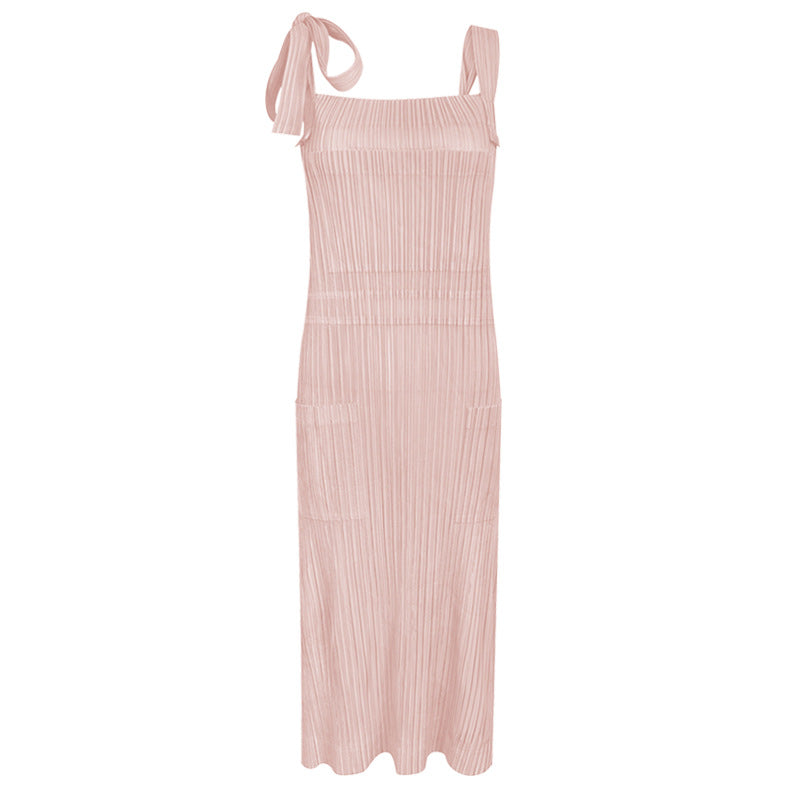 Mid-Length Solid Color Pocket Spaghetti Straps Sleeveless Dress Women's Loose Shoulder Strap A- line Skirt Women