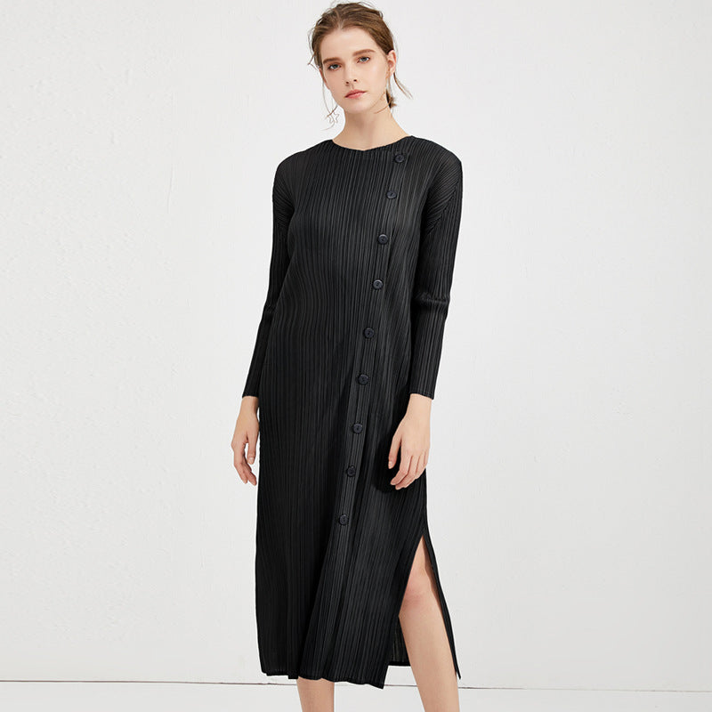 Simple Button Mid-Length Basic Dress Slit Design