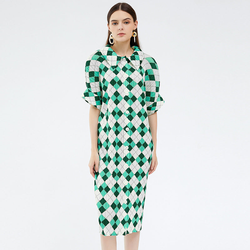 Lapel Pleated Skirt Design Long Skirt Plaid Dress Female Temperament