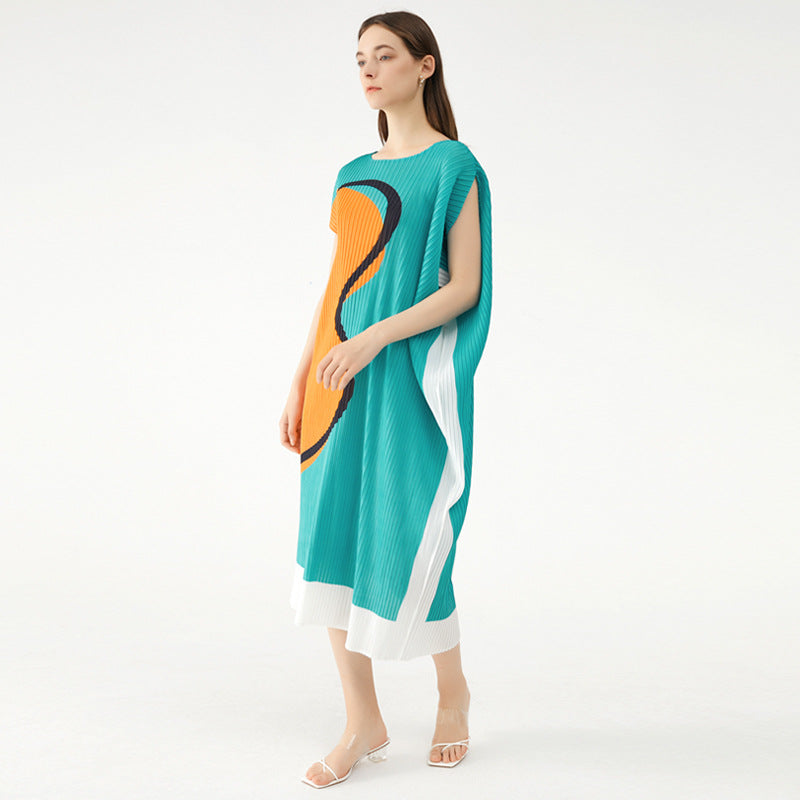 Elegant Dress Crew Neck Casual Style Loose Mid-Length Casual Pleated Women