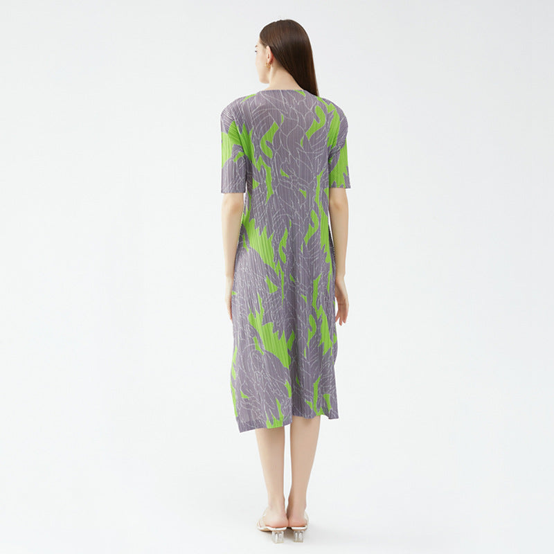 Geometric Printing and Dyeing Loose Casual Pleated Dress Mid-Length Split Temperament Dress