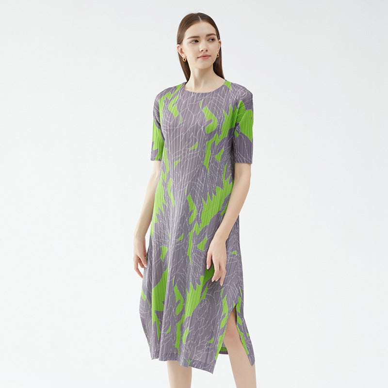 Geometric Printing and Dyeing Loose Casual Pleated Dress Mid-Length Split Temperament Dress