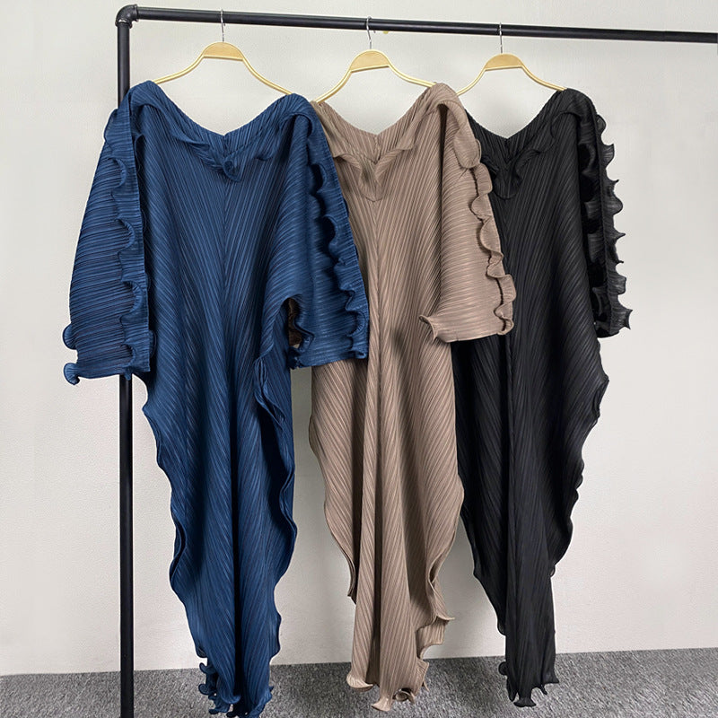 Loose Lotus Leaf Long Sleeve Pleated Dress Temperament Pure Color Loose Bottoming Skirt