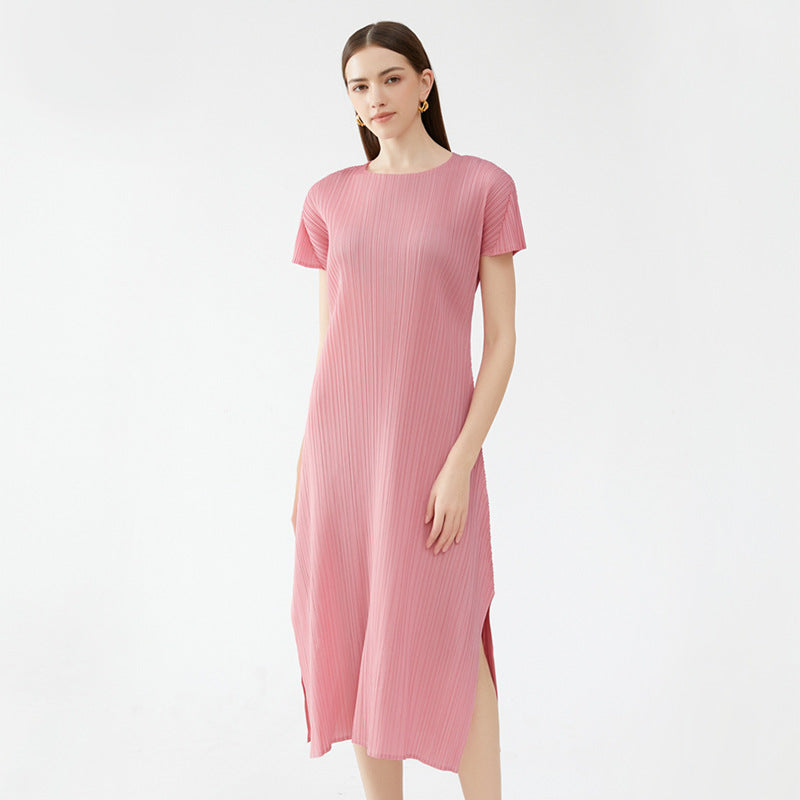 Pure Color Split Dress Pleated Pleated Skirt round Neck Short Sleeve Casual Elegant Basic Skirt