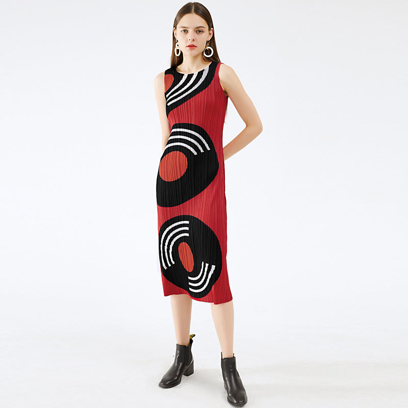 Dress Women's Temperament Crew Neck Mid-Length Circle Printing Versatile Slimming Small Red Dress