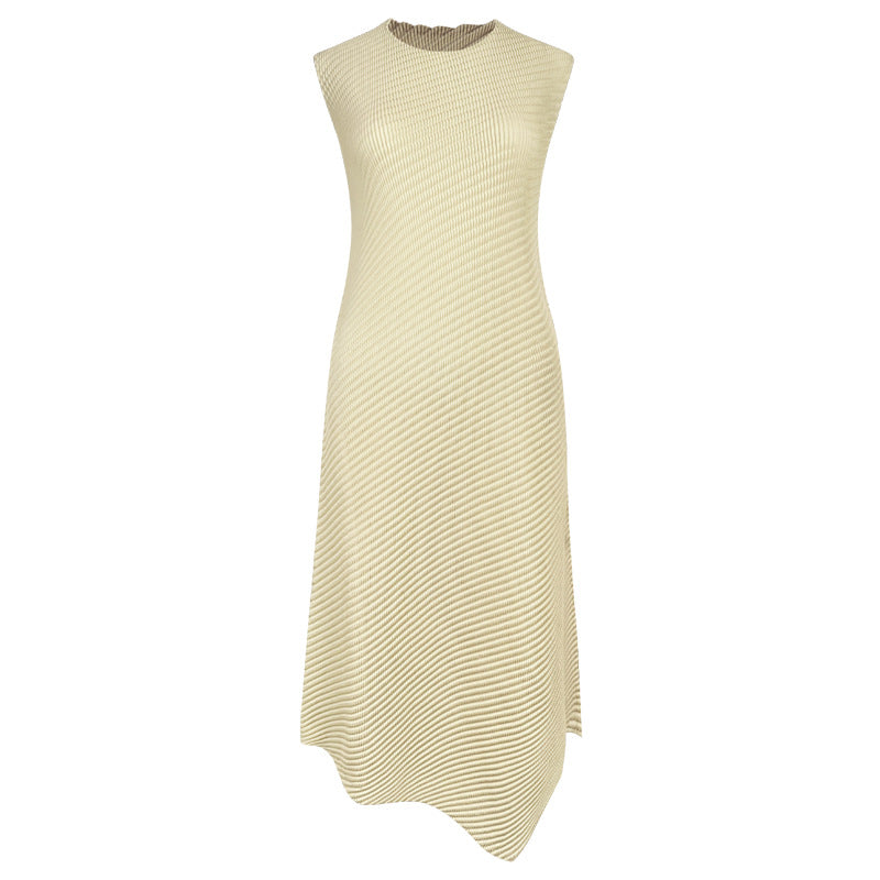 Casual Style Solid Color Asymmetric Skirt round Neck Slim Fit Scale Pleated Dress Women