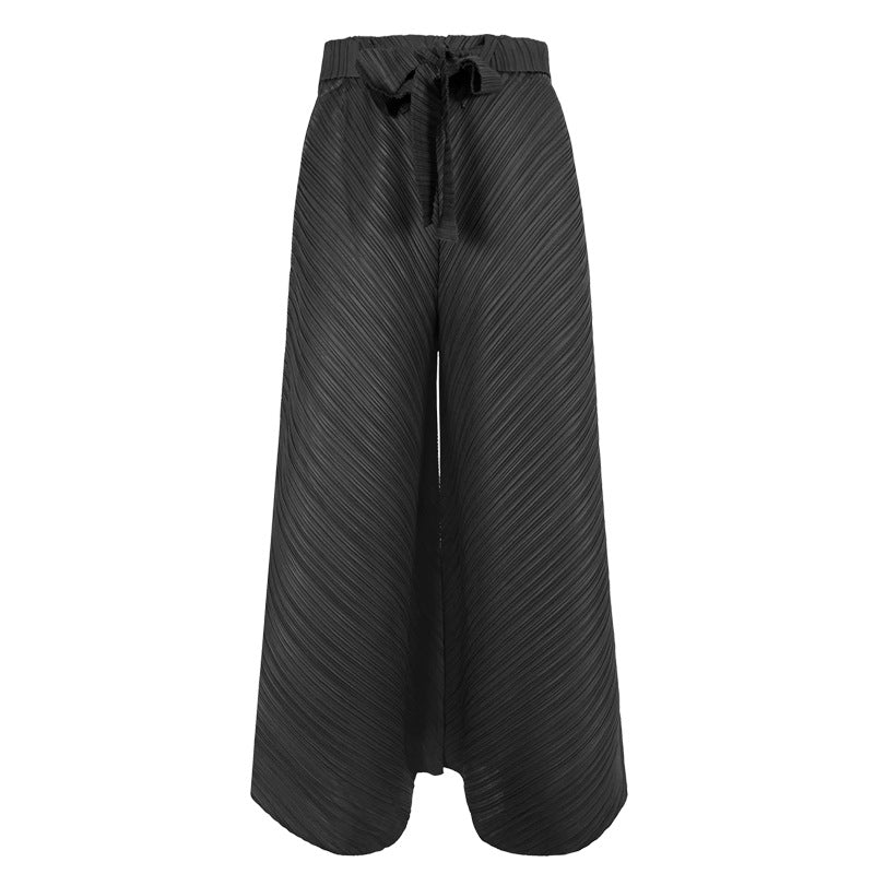 23 Autumn Retro Design Lace-up Stitching Pants Straight Casual Loose Trousers Wide-Leg Pants for Women