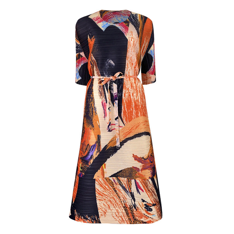 Printed round Neck Pleated Dress Light She Design Taste Half Sleeves Loose Large Swing Skirt