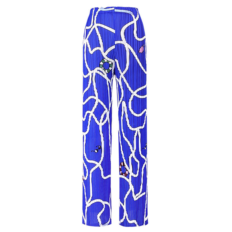 Pants Women's Straight-Leg Pants Long Women's Elegant Pleated Print Line Casual Style Trousers