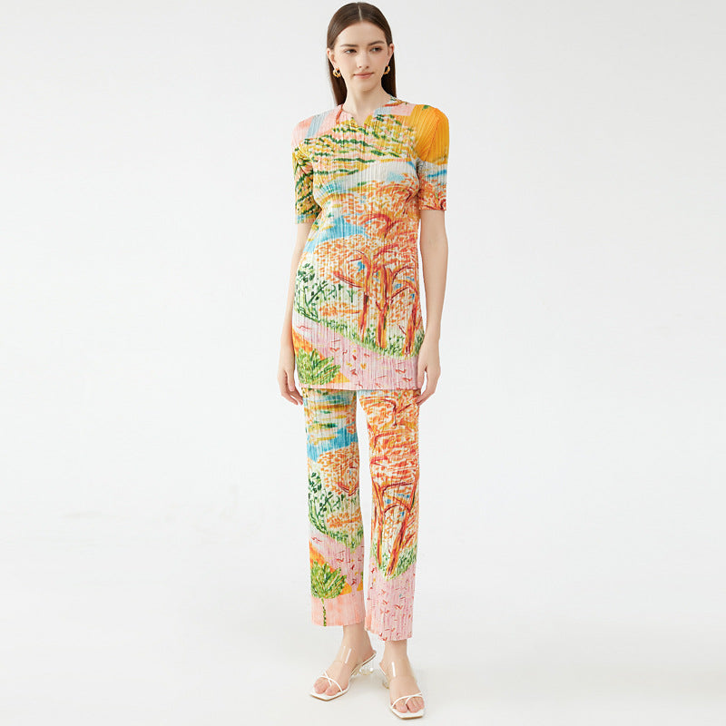 Elegant Tree Painted Printed Small V-neck Short-Sleeved Top Women's Casual Trousers Pleated Suit Women's