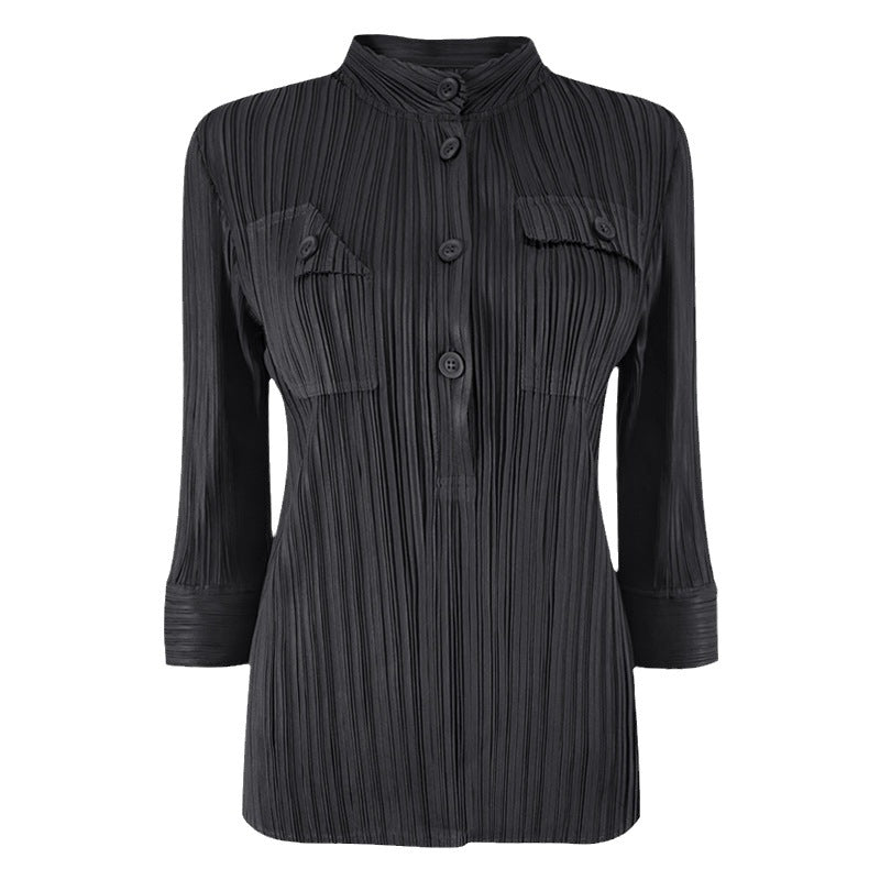 Pleated Shirt Women's Commuter Pocket Long Sleeve Slim Shirt Female Online Influencer