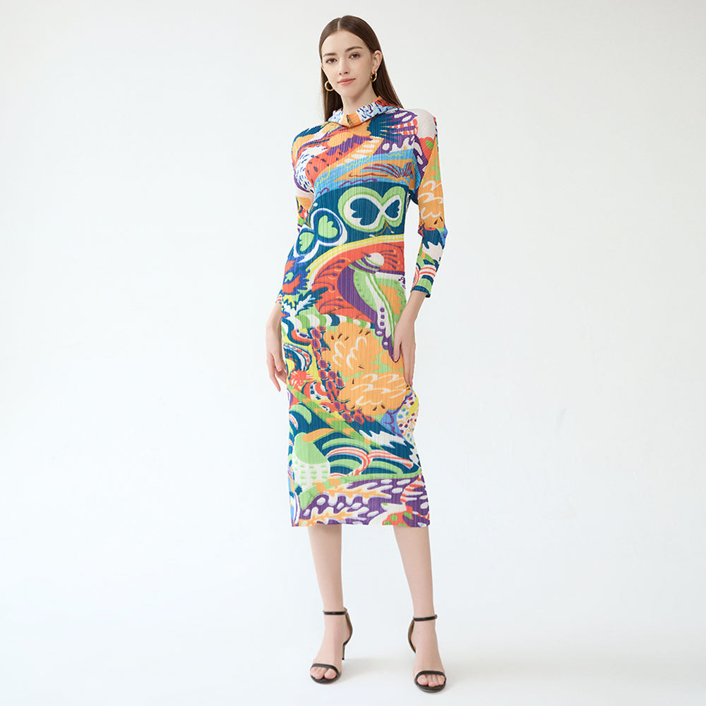 Pleated Long Sleeve Casual Wind Dress Shawl Graffiti Color Slim-Fit Hood Dress