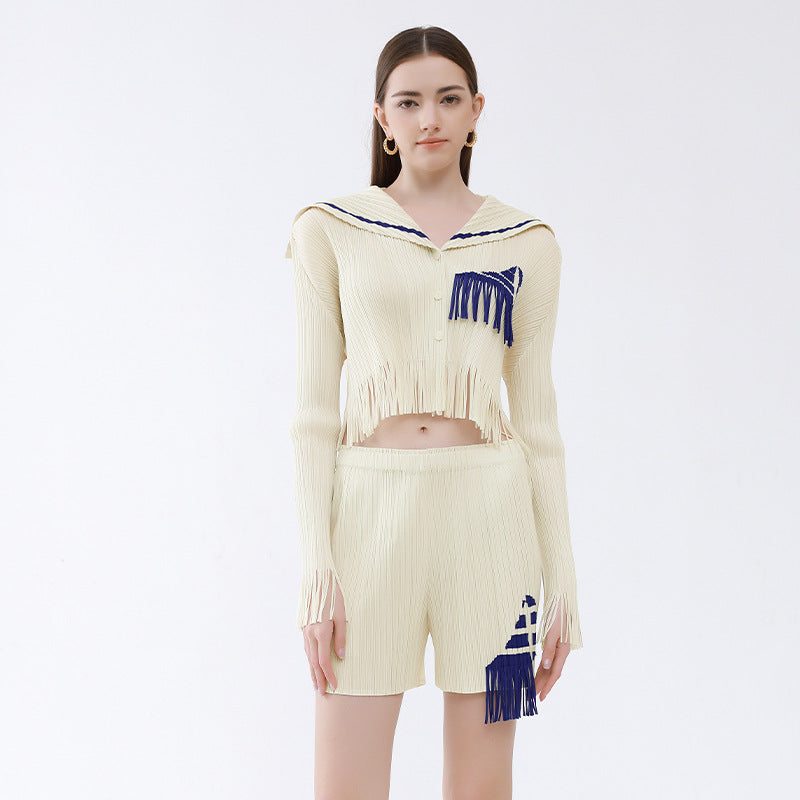 Sense of Design Shirt Shorts Sailor Two-Piece Set Women Tassel Contrast Color Waist Shorts Suit Women