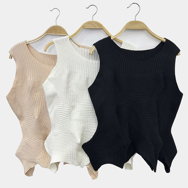 Heavy-Duty Crocheted Striped Sleeveless T-shirt for Women Summer Irregular Niche Knitwear Waist Short Top for Women