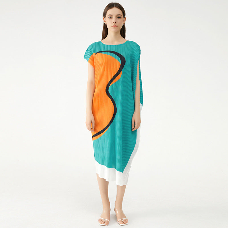 Elegant Dress Crew Neck Casual Style Loose Mid-Length Casual Pleated Women