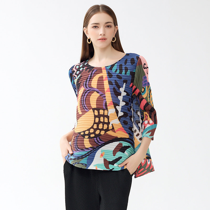 Design Sense Niche T-shirt round Neck Loose Graffiti A- line Skirt Top for Women