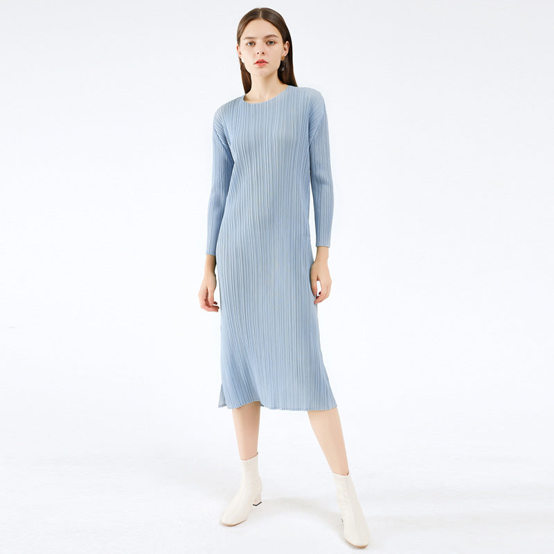 Classic Long Sleeve Solid Color Dress Women's Mid-Length Simple Slim Fit Slit Bottoming Skirt Autumn Clothing