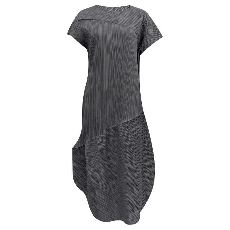 Peanut Dress Female Slimming Sense of Design Niche Folding Short Sleeve Asymmetric Skirt Female