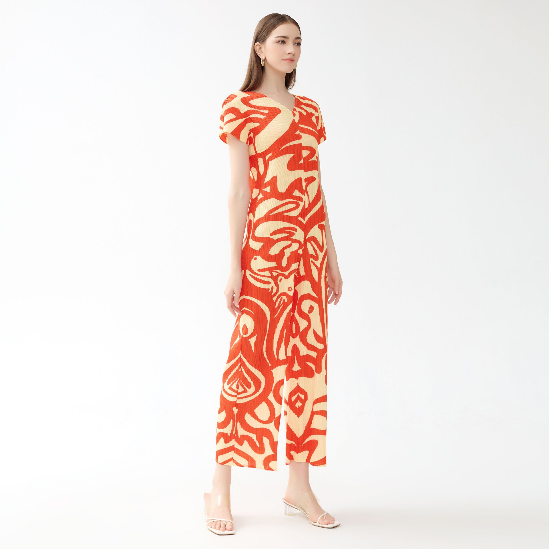 Painting Pleated V-neck Short Sleeve Slim Fit Casual Style Women's Jumpsuit