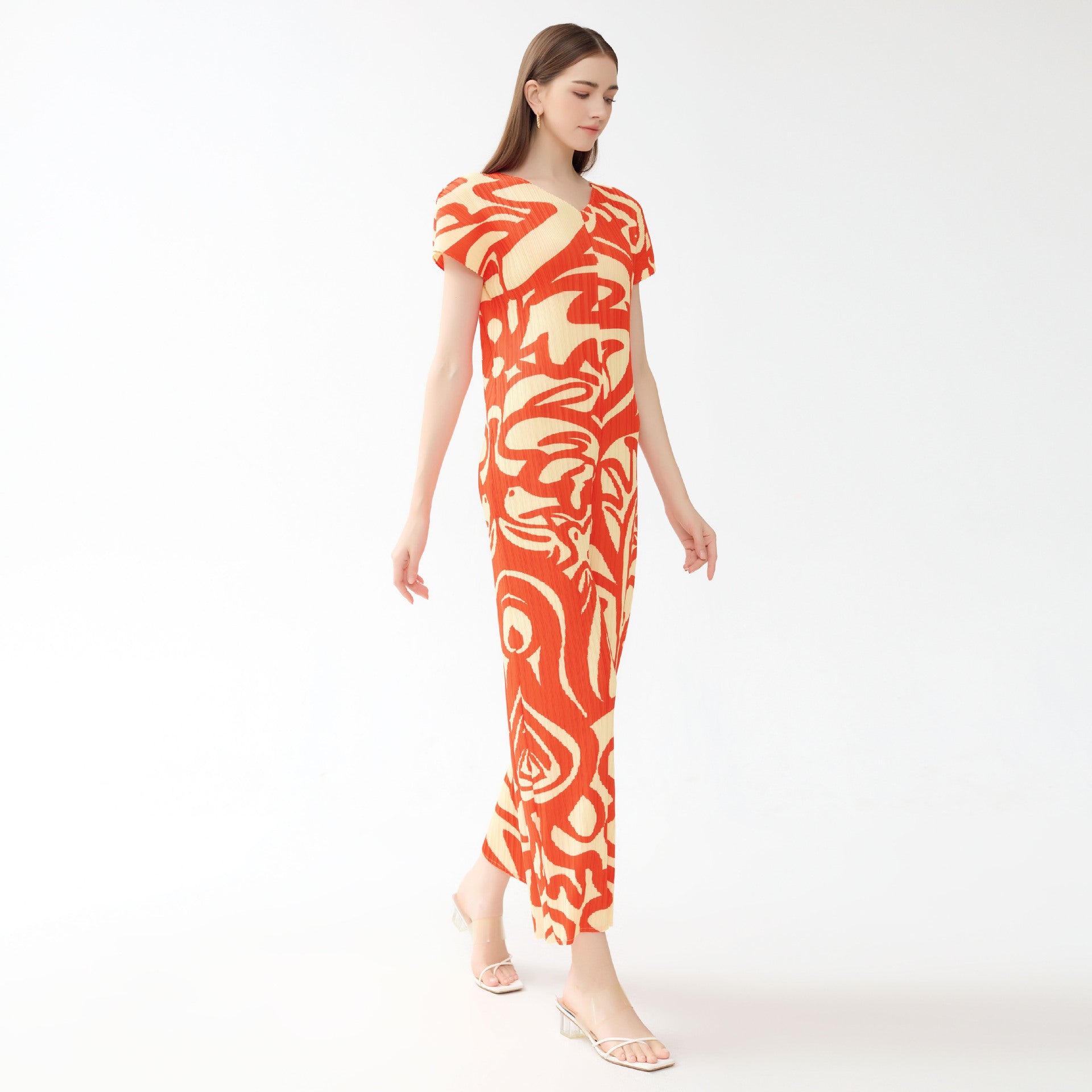 Painting Pleated V-neck Short Sleeve Slim Fit Casual Style Women's Jumpsuit